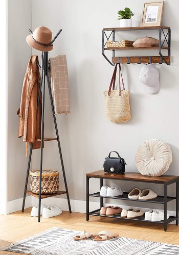 VASAGLE stumtjener, m. 6 kroge og 2 hylder - brun spnplade og sort stl