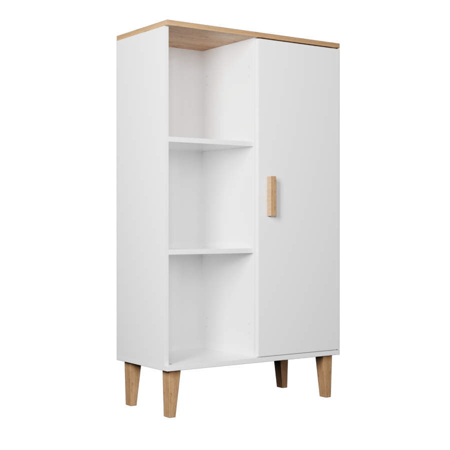 KOCOT Denver bogreol, m. 1 lge og 4 hylder - hvid og natur hickory spnplader