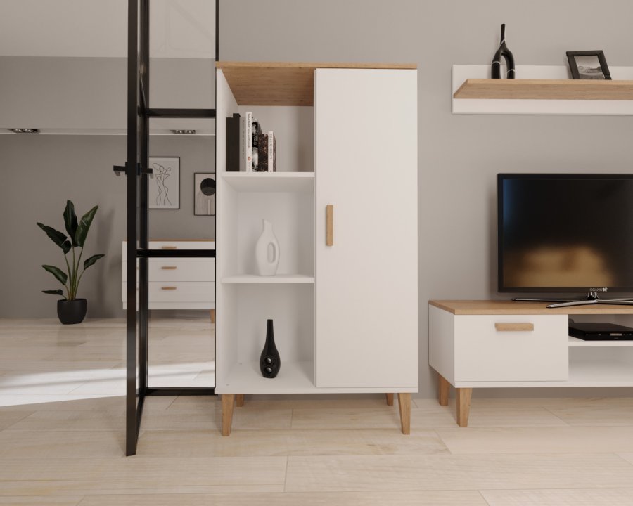 KOCOT Denver bogreol, m. 1 lge og 4 hylder - hvid og natur hickory spnplader