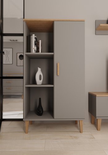 KOCOT Denver bogreol, m. 1 lge og 4 hylder - chinchilla gr og natur hickory spnplader