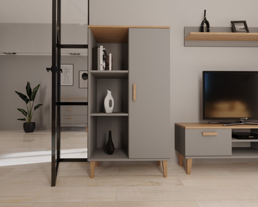 KOCOT Denver bogreol, m. 1 lge og 4 hylder - chinchilla gr og natur hickory spnplader