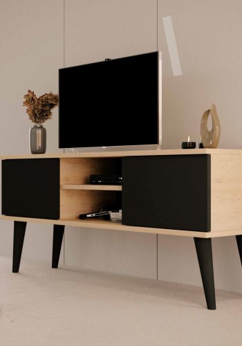 KOCOT RTV Toronto TV-bord, m. 2 lger og 1 hylde - natur og sort bgetr (120x35)