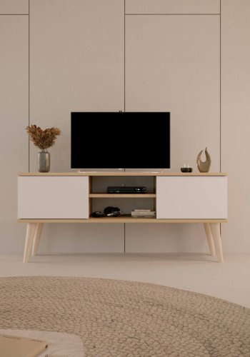 KOCOT RTV Toronto TV-bord, m. 2 lger og 1 hylde - natur og hvid bgetr (120x35)