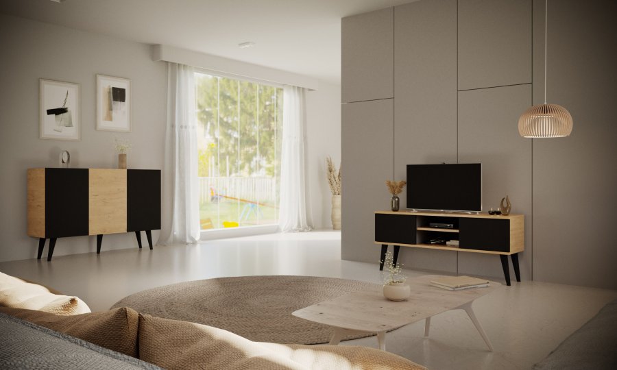 KOCOT Toronto kommode, m. 3 lger og 3 hylder - natur og sort bgetr