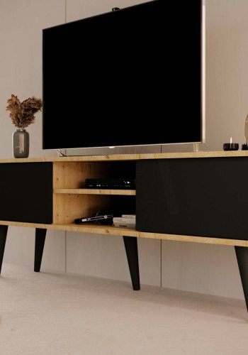 KOCOT RTV Toronto TV-bord, m. 2 lger og 1 hylde - natur og sort bgetr (160x35)