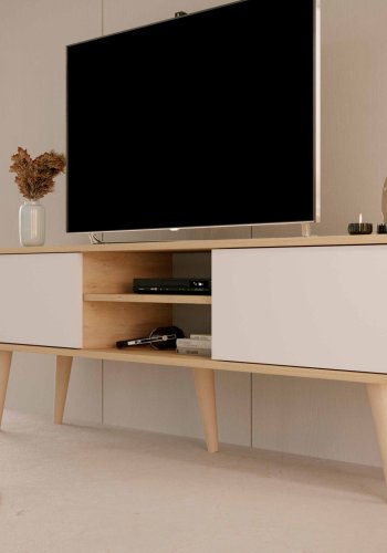 KOCOT RTV Toronto TV-bord, m. 2 lger og 1 hylde - natur og hvid bgetr (160x35)