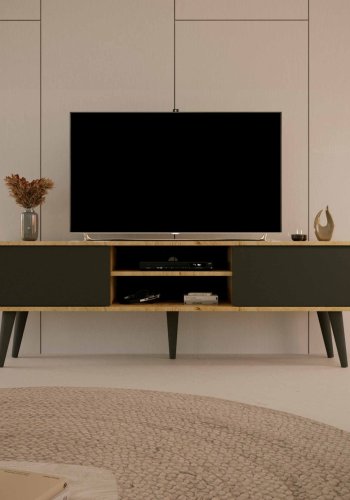 KOCOT RTV Toronto TV-bord, m. 2 lger og 1 hylde - natur og sort bgetr (160x35)