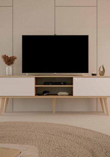 KOCOT RTV Toronto TV-bord, m. 2 lger og 1 hylde - natur og hvid bgetr (160x35)