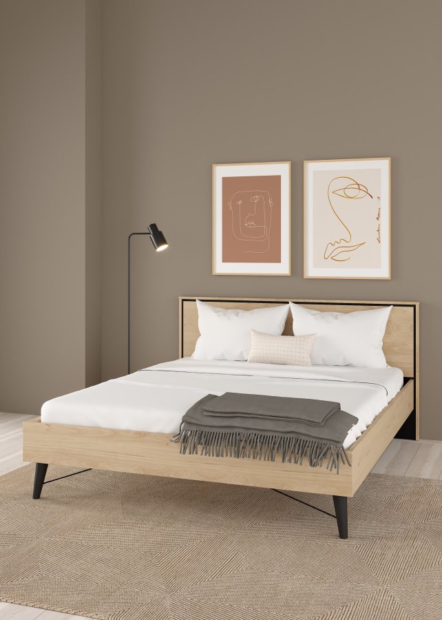 TVILUM Ry sengeramme, m. sengegavl og lamelbund - natur folie/melamin og tr (160x200)