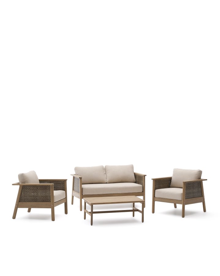 KAVE HOME Alabe udendrs loungest, m. 2-pers. sofa, 2 lnestole, 1 sofabord og hynder - akacietr