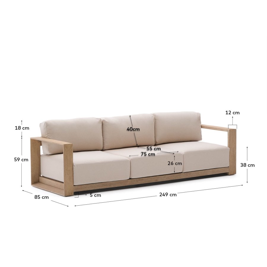 KAVE HOME Ambra 3-pers. udendrs havesofa, m. aftagelige hynder - akacietr (249cm)