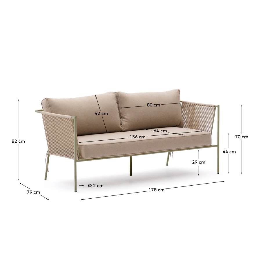 KAVE HOME Zivia udendrs 2-personers sofa i ecru rebsnor og grn galvaniseret stl 178cm