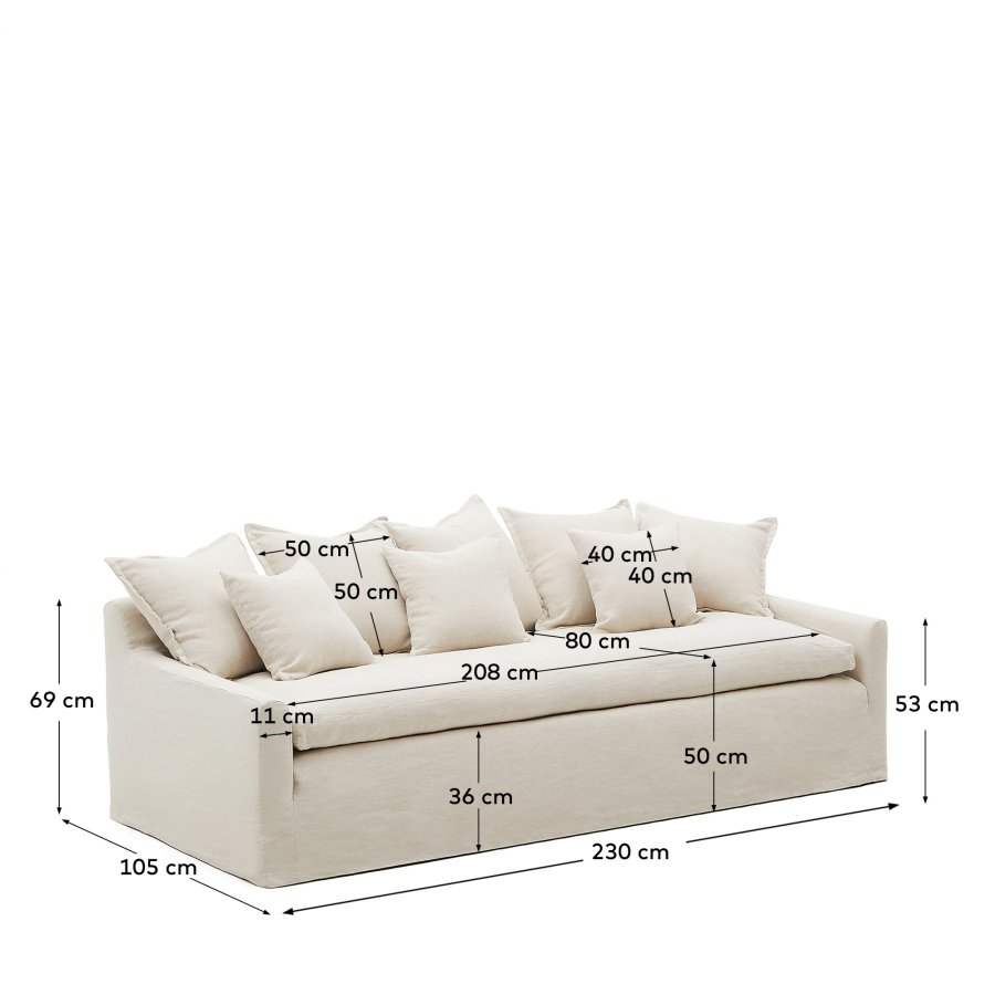 KAVE HOME Zenira sofa med aftageligt betrk og beige hynder i bomuld og hr, 230 cm
