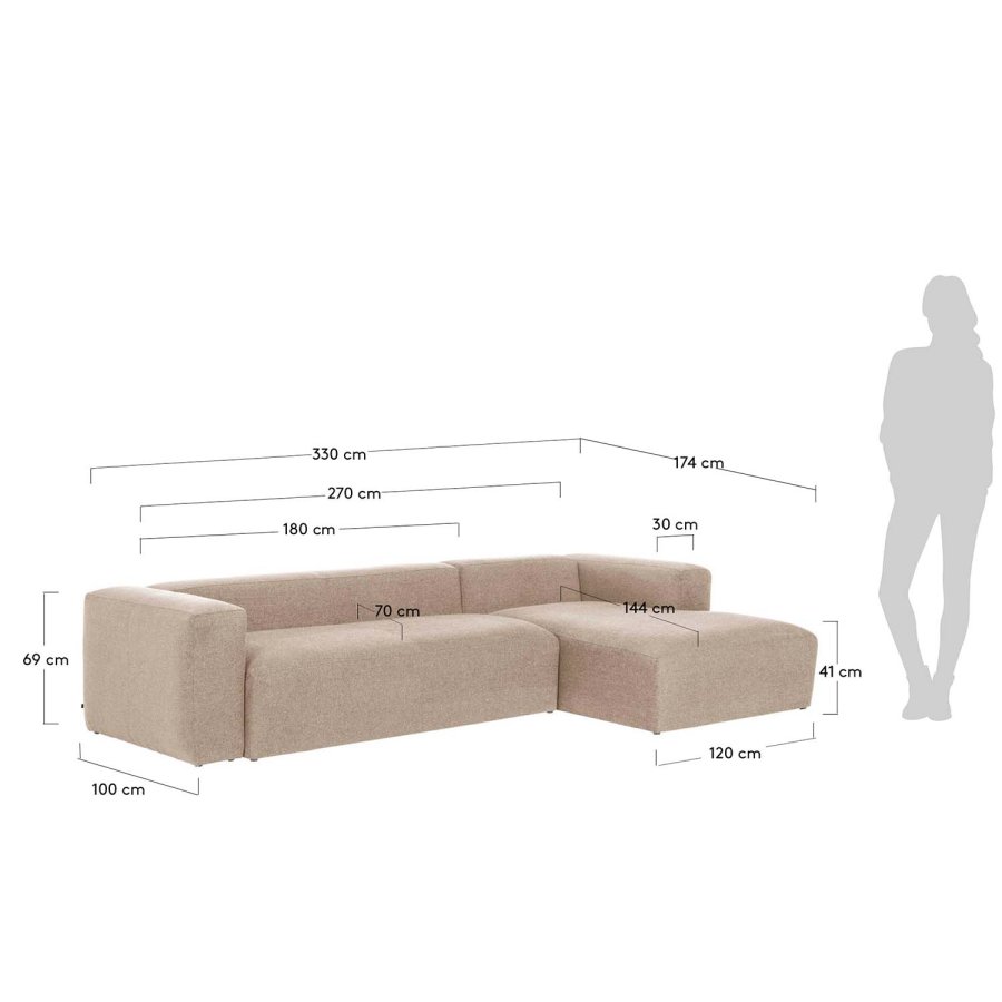 KAVE HOME Blok sofa, m. hjre chaiselong - beige polyester og stl