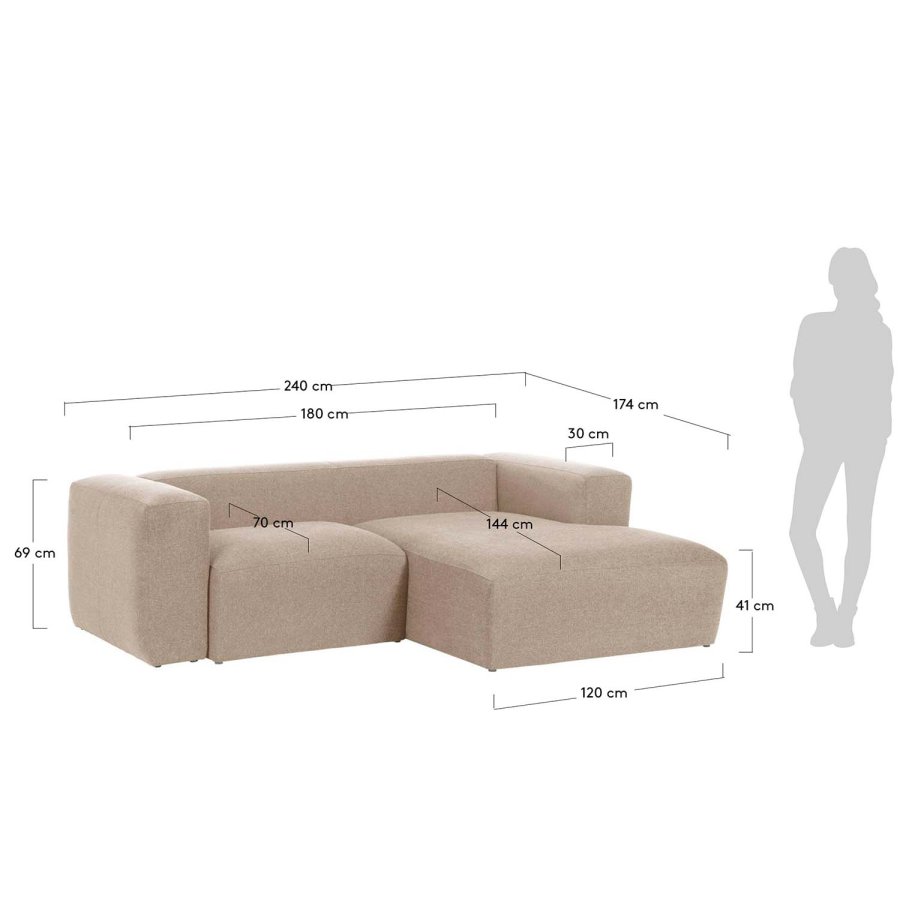 KAVE HOME Blok sofa, m. hjre chaiselong - beige polyester og stl