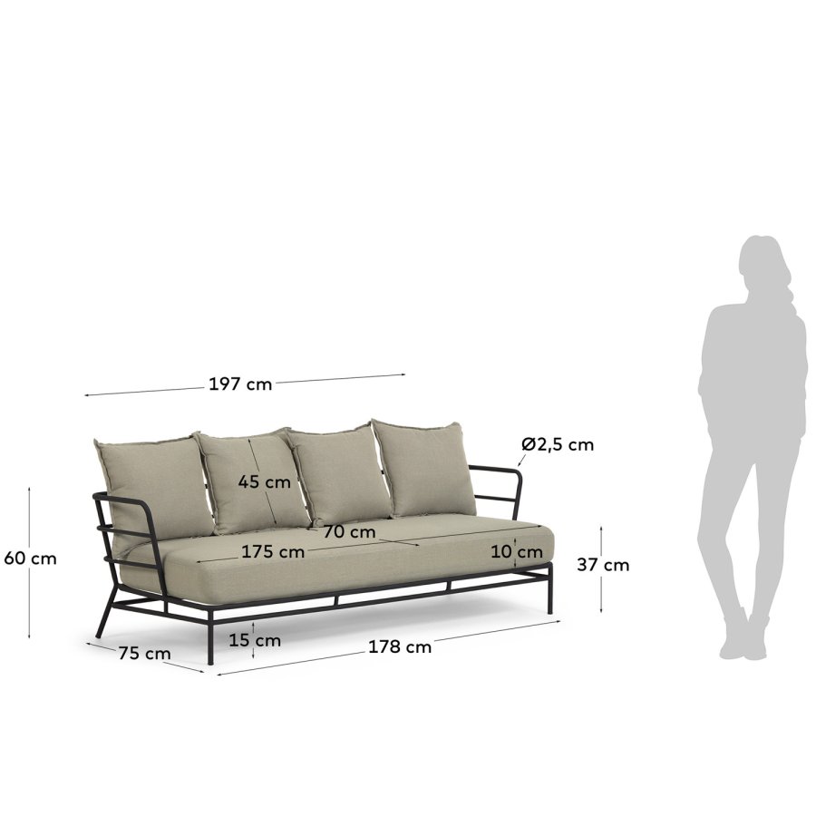 KAVE HOME Mareluz 3 pers. havesofa, m. hynder - gr stof og sort stl