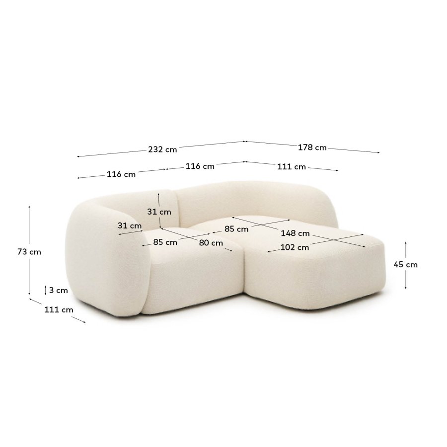 KAVE HOME Modulopbygget 2-personers sofa Martina i ecru chenille med hjre chaiselong 230 cm