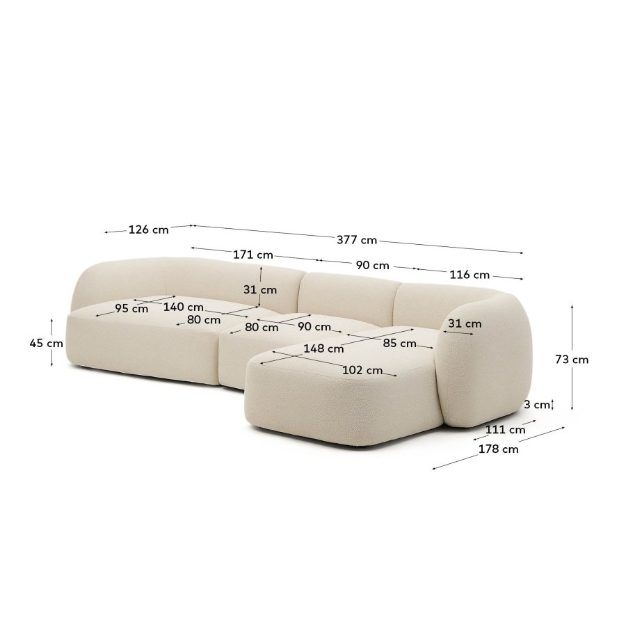 KAVE HOME Modulopbygget 4-personers sofa Martina i ecru chenille med hjre chaiselong 377 cm