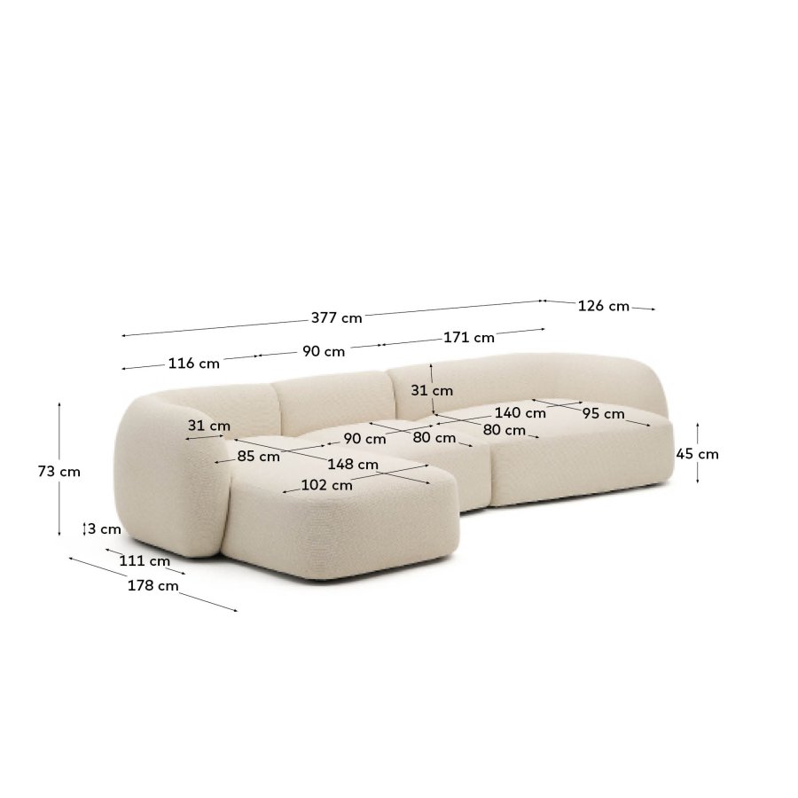 KAVE HOME Modulopbygget 4-personers sofa Martina i ecru chenille med venstre chaiselong 377 cm