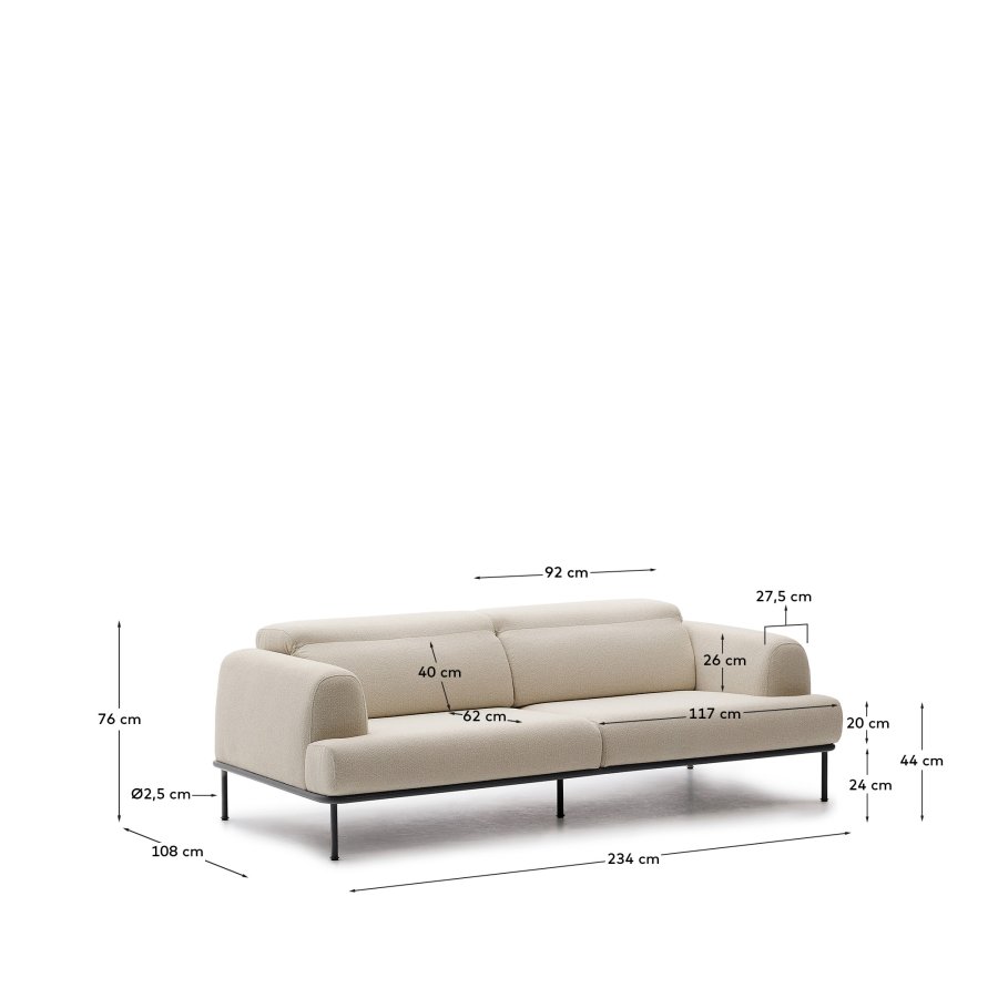 KAVE HOME Aurum 3-pers. sofa, m. tilbagelnet nakkesttte - ecru chenille og matgr metal (234cm)