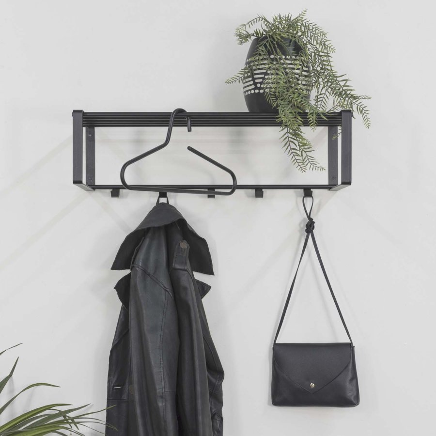 SPINDER DESIGN rektangulr Rex hattehylde, m. 5 knager - sort stl