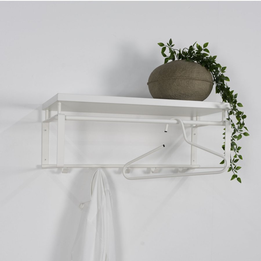 SPINDER DESIGN rektangulr Rex hattehylde, m. 5 knager og bjlestang - hvid melamin og stl