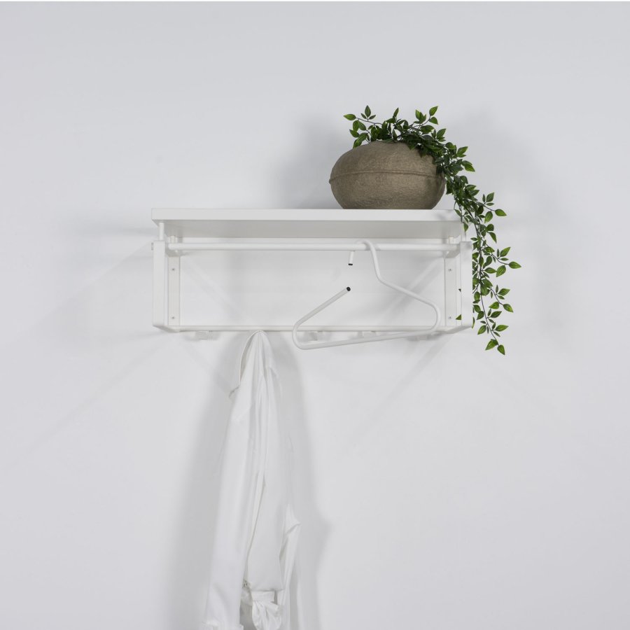 SPINDER DESIGN rektangulr Rex hattehylde, m. 5 knager og bjlestang - hvid melamin og stl