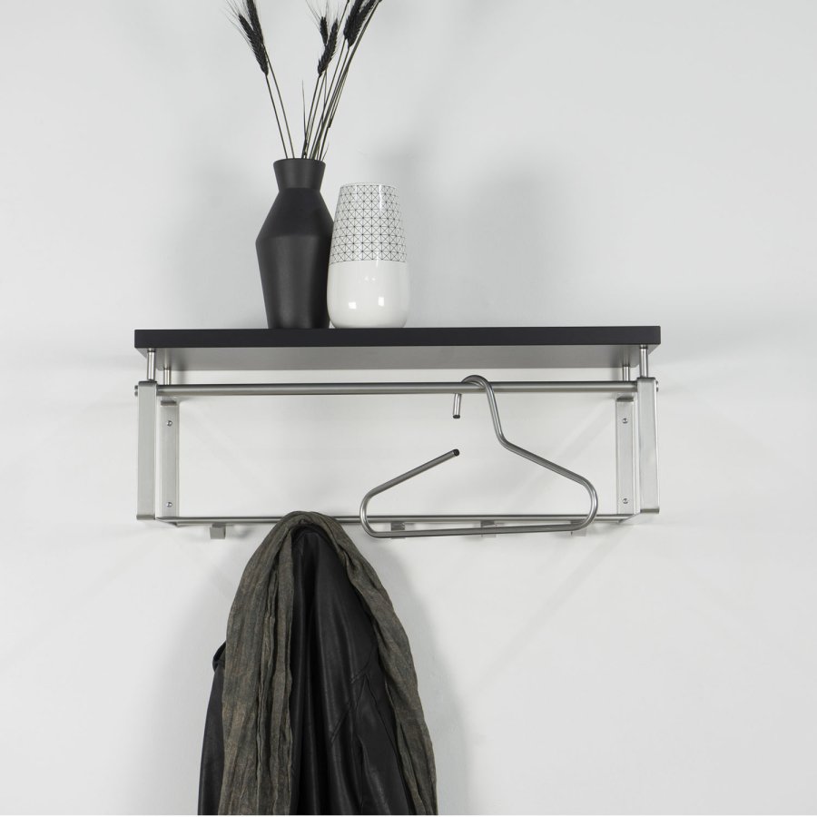 SPINDER DESIGN rektangulr Rex hattehylde, m. 5 knager og bjlestang - gr melamin og stl