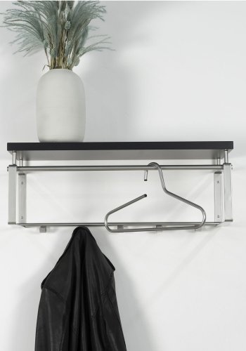 SPINDER DESIGN rektangulr Rex hattehylde, m. 5 knager og bjlestang - gr melamin og stl