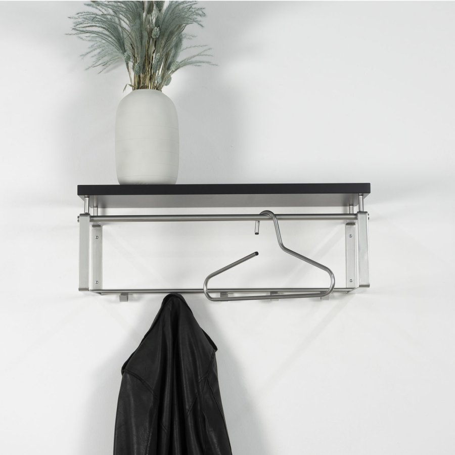 SPINDER DESIGN rektangulr Rex hattehylde, m. 5 knager og bjlestang - gr melamin og stl