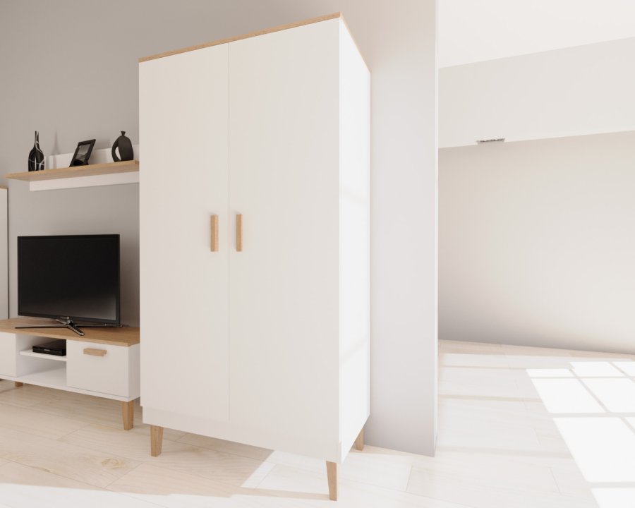 KOCOT Denver garderobeskab, m. 2 lger, 4 hylder og 1 bjlestang - hvid og natur hickory spnplader