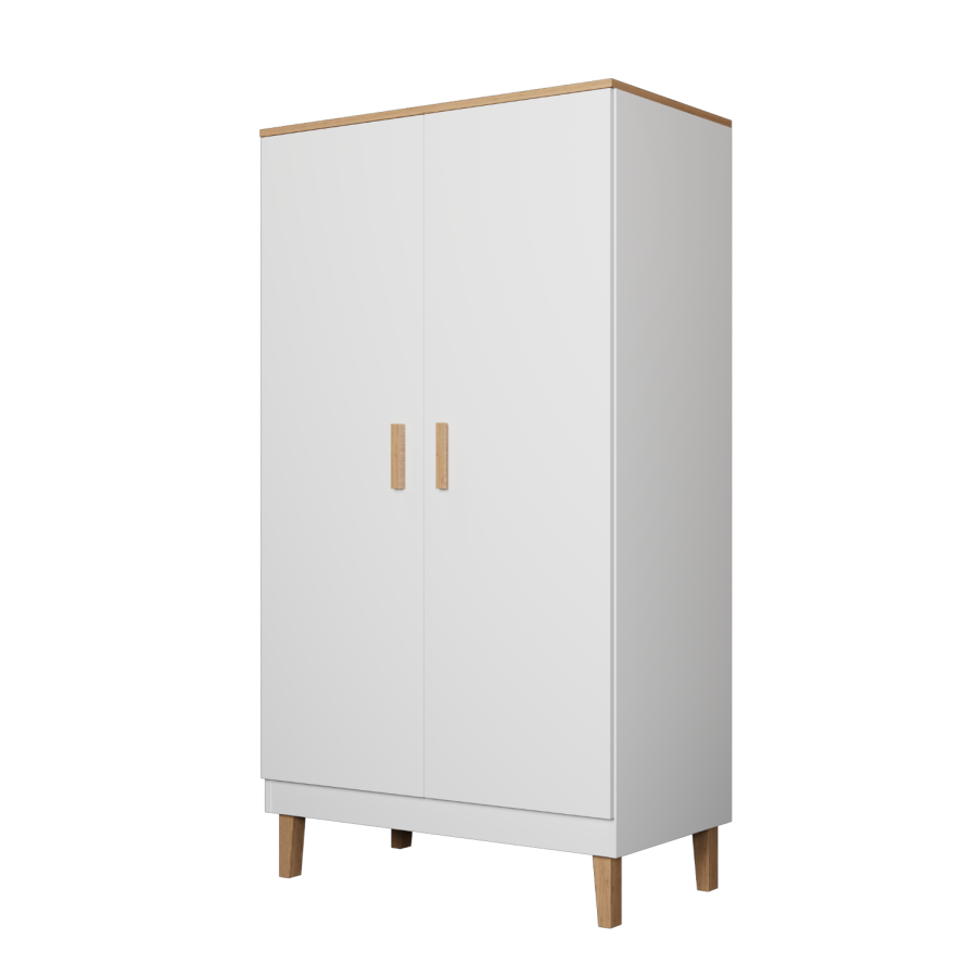 KOCOT Denver garderobeskab, m. 2 lger, 4 hylder og 1 bjlestang - hvid og natur hickory spnplader