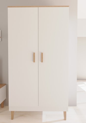 KOCOT Denver garderobeskab, m. 2 lger, 4 hylder og 1 bjlestang - hvid og natur hickory spnplader