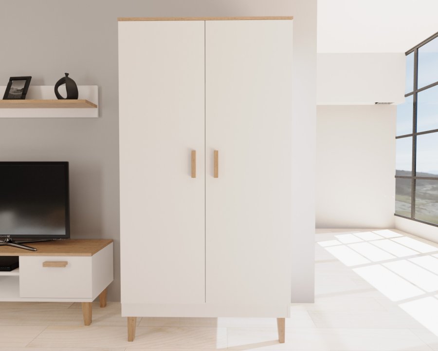 KOCOT Denver garderobeskab, m. 2 lger, 4 hylder og 1 bjlestang - hvid og natur hickory spnplader