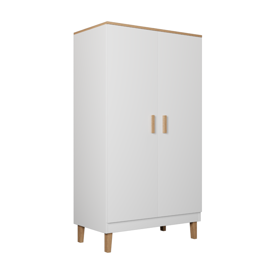 KOCOT Denver garderobeskab, m. 2 lger, 4 hylder og 1 bjlestang - hvid og natur hickory spnplader