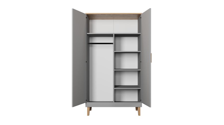 KOCOT Denver garderobeskab, m. 2 lger, 4 hylder og 1 bjlestang - gr og natur hickory spnplader