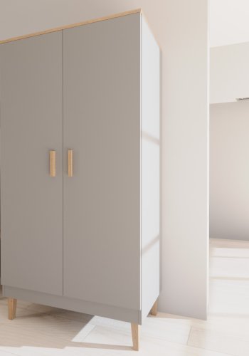 KOCOT Denver garderobeskab, m. 2 lger, 4 hylder og 1 bjlestang - gr og natur hickory spnplader