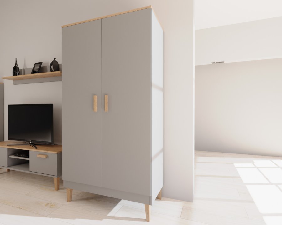 KOCOT Denver garderobeskab, m. 2 lger, 4 hylder og 1 bjlestang - gr og natur hickory spnplader