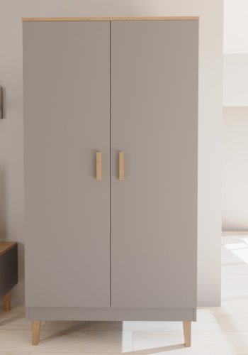 KOCOT Denver garderobeskab, m. 2 lger, 4 hylder og 1 bjlestang - gr og natur hickory spnplader