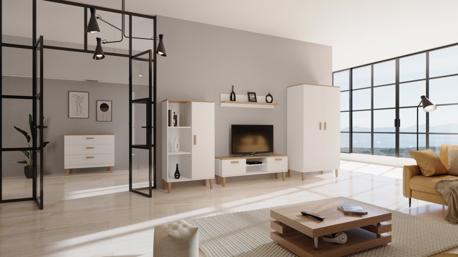 KOCOT Denver TV-bord, m. 2 lger og 1 hylde - hvid og natur hickory spnplader (120x47,2)