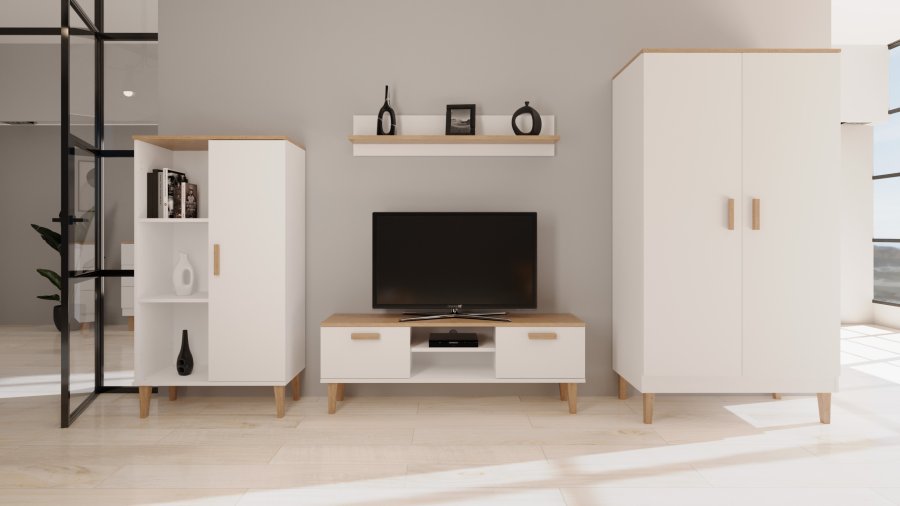 KOCOT Denver TV-bord, m. 2 lger og 1 hylde - hvid og natur hickory spnplader (120x47,2)