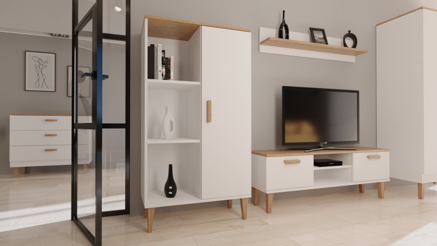 KOCOT Denver TV-bord, m. 2 lger og 1 hylde - hvid og natur hickory spnplader (120x47,2)