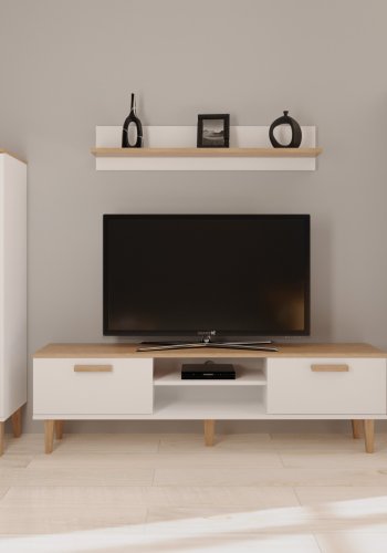 KOCOT Denver TV-bord, m. 2 lger og 1 hylde - hvid og natur hickory spnplader (160x47,2)