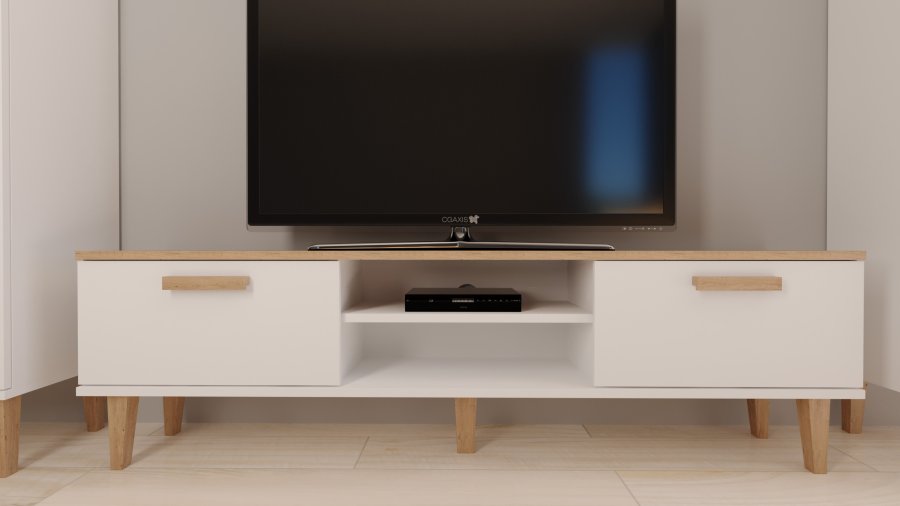 KOCOT Denver TV-bord, m. 2 lger og 1 hylde - hvid og natur hickory spnplader (160x47,2)