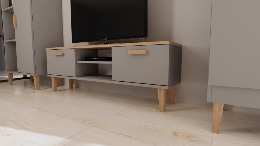 KOCOT Denver TV-bord, m. 2 lger og 1 hylde - chinchilla gr og natur hickory spnplader (120x47,2)