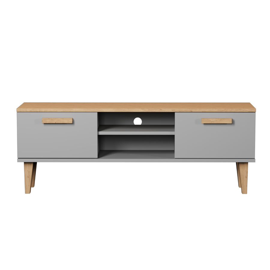 KOCOT Denver TV-bord, m. 2 lger og 1 hylde - chinchilla gr og natur hickory spnplader (120x47,2)