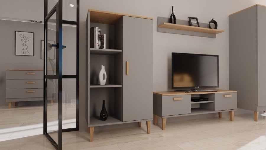 KOCOT Denver TV-bord, m. 2 lger og 1 hylde - chinchilla gr og natur hickory spnplader (120x47,2)