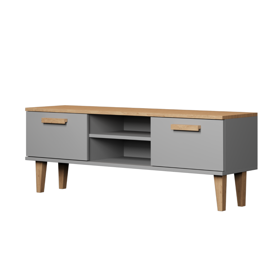 KOCOT Denver TV-bord, m. 2 lger og 1 hylde - chinchilla gr og natur hickory spnplader (120x47,2)