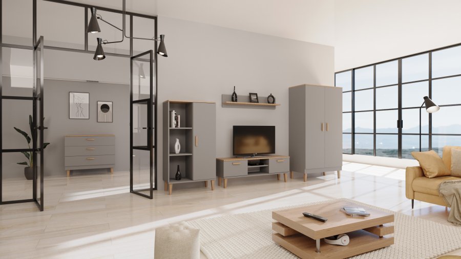 KOCOT Denver kommode, m. 3 skuffer - chinchilla gr spnplade og natur hickory/egetr 