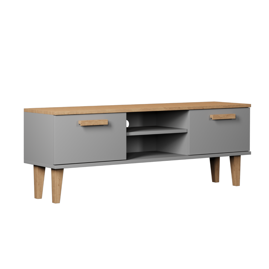 KOCOT Denver TV-bord, m. 2 lger og 1 hylde - chinchilla gr og natur hickory spnplader (120x47,2)